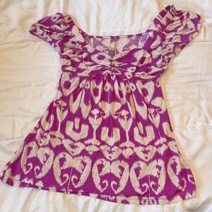 Lush fuchsia and cream babydoll top with elastic shoulder
